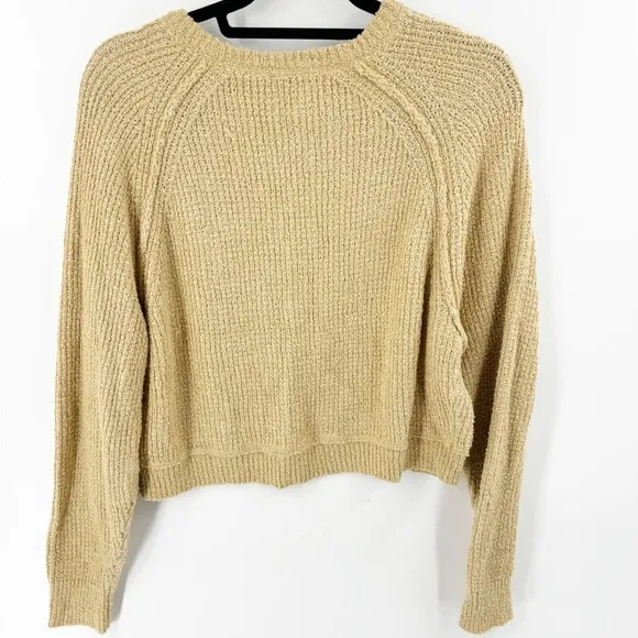 ✅ FREE PEOPLE V-NECK COTTON BLEND CROPPED SWEATER TAN SIZE X-SMALL OVERSIZED