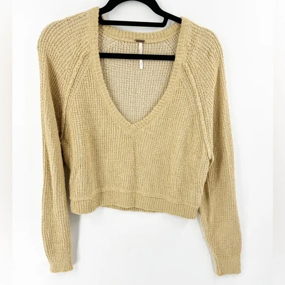 ✅ FREE PEOPLE V-NECK COTTON BLEND CROPPED SWEATER TAN SIZE X-SMALL OVERSIZED