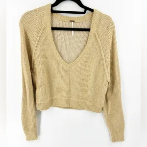 ✅ FREE PEOPLE V-NECK COTTON BLEND CROPPED SWEATER TAN SIZE X-SMALL OVERSIZED