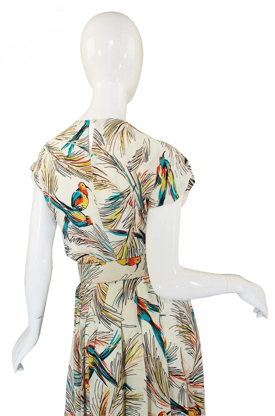 1940s Silk DuBarry Parrot Print Gown