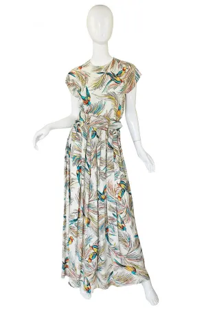 1940s Silk DuBarry Parrot Print Gown