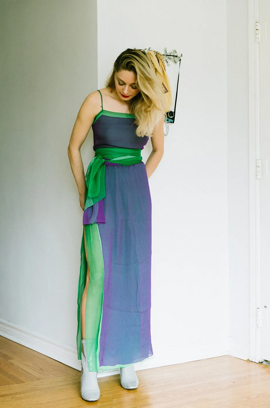 1970s Pauline Trigere Purple & Green Silk Chiffon Set