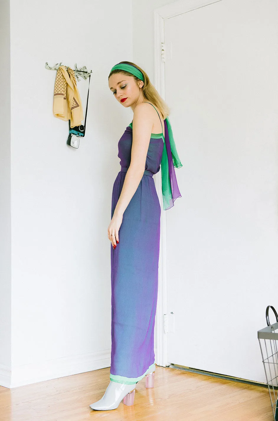 1970s Pauline Trigere Purple & Green Silk Chiffon Set