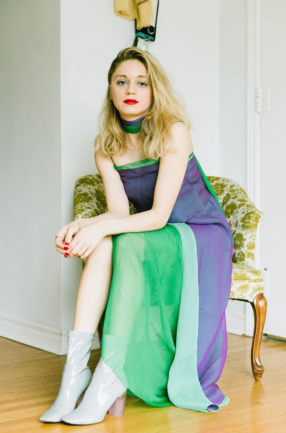 1970s Pauline Trigere Purple & Green Silk Chiffon Set