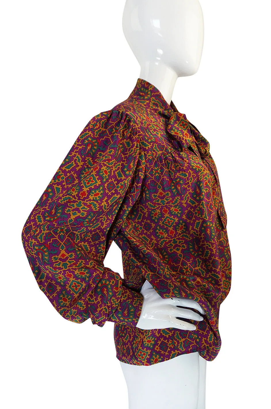 1970s Yves Saint Laurent Classic Silk Print Top