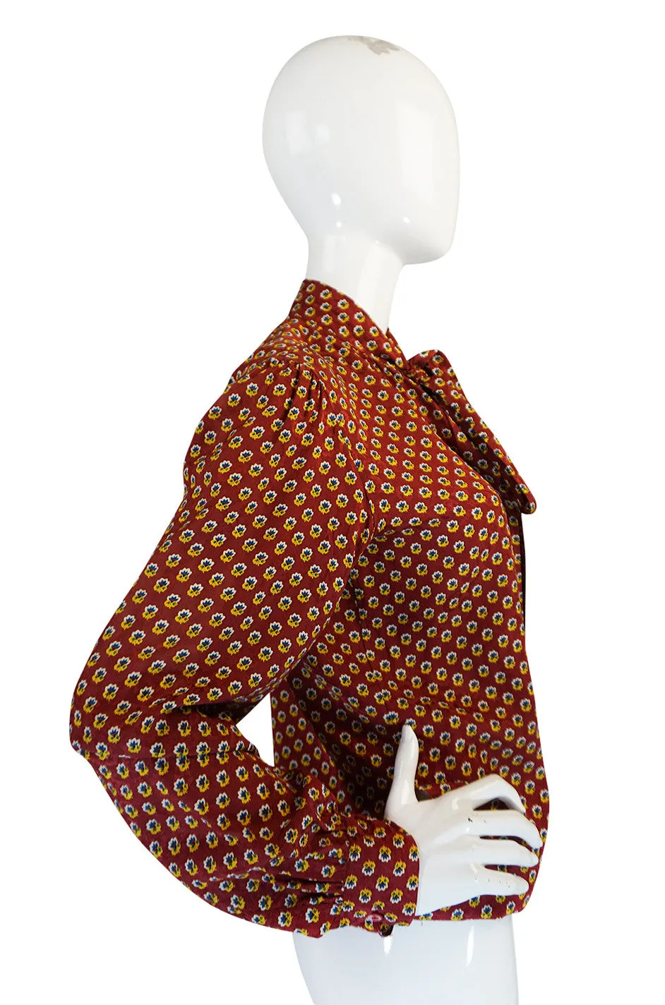 1970s Yves Saint Laurent Pretty Floral Silk Tie Neck Top