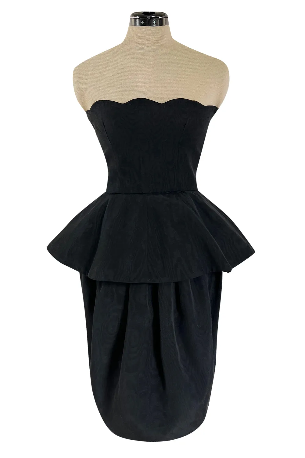 1980s Lanvin by Jules-Francois Crahay Strapless Black Dress w Hip Peplum