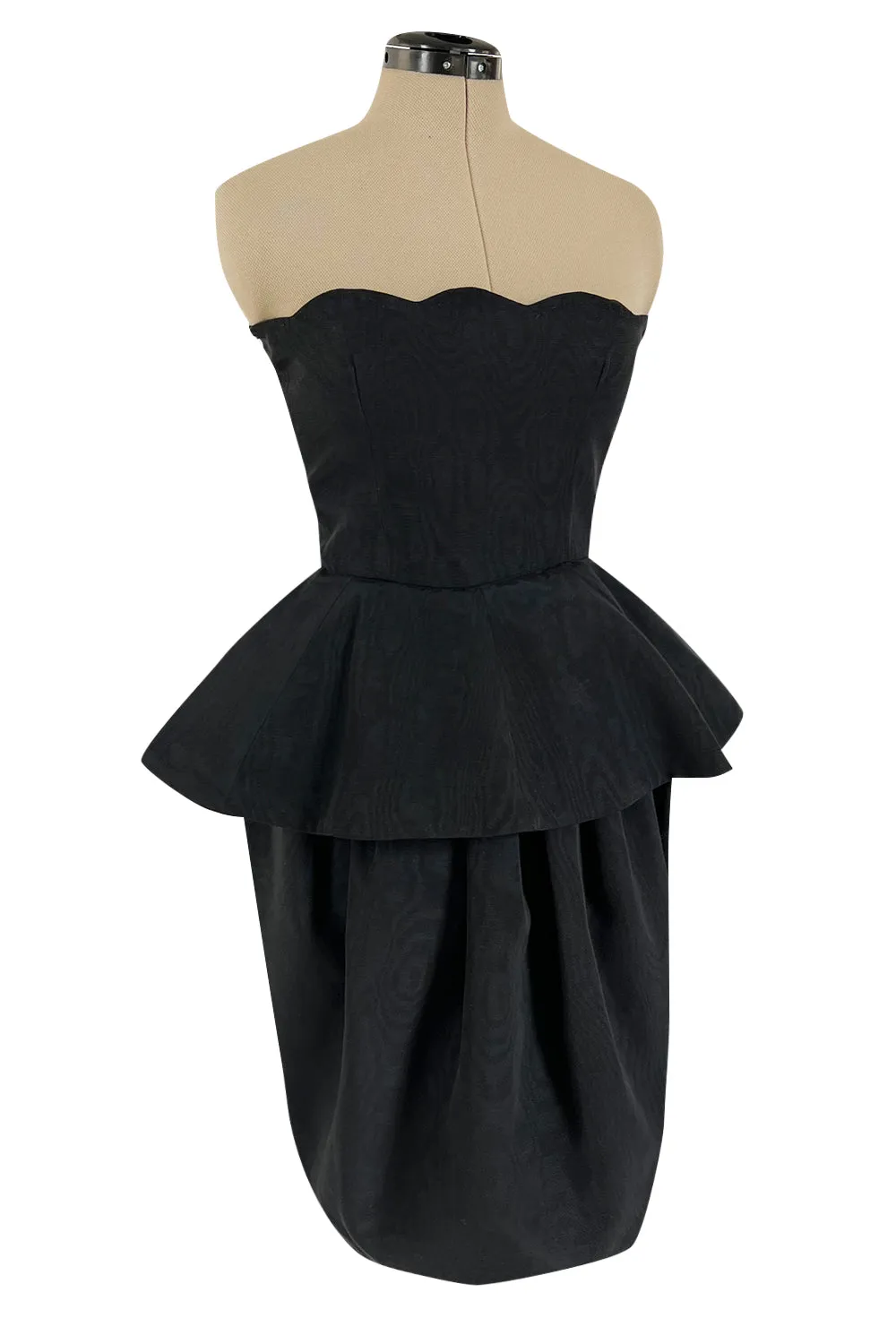 1980s Lanvin by Jules-Francois Crahay Strapless Black Dress w Hip Peplum