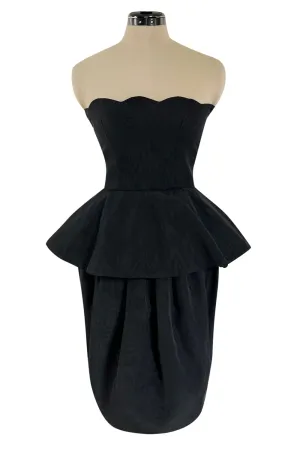 1980s Lanvin by Jules-Francois Crahay Strapless Black Dress w Hip Peplum