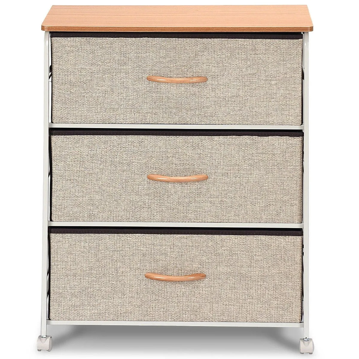 3-Tier Wood Top Dresser with 3 Linen Beige Fabric Drawers on wheels