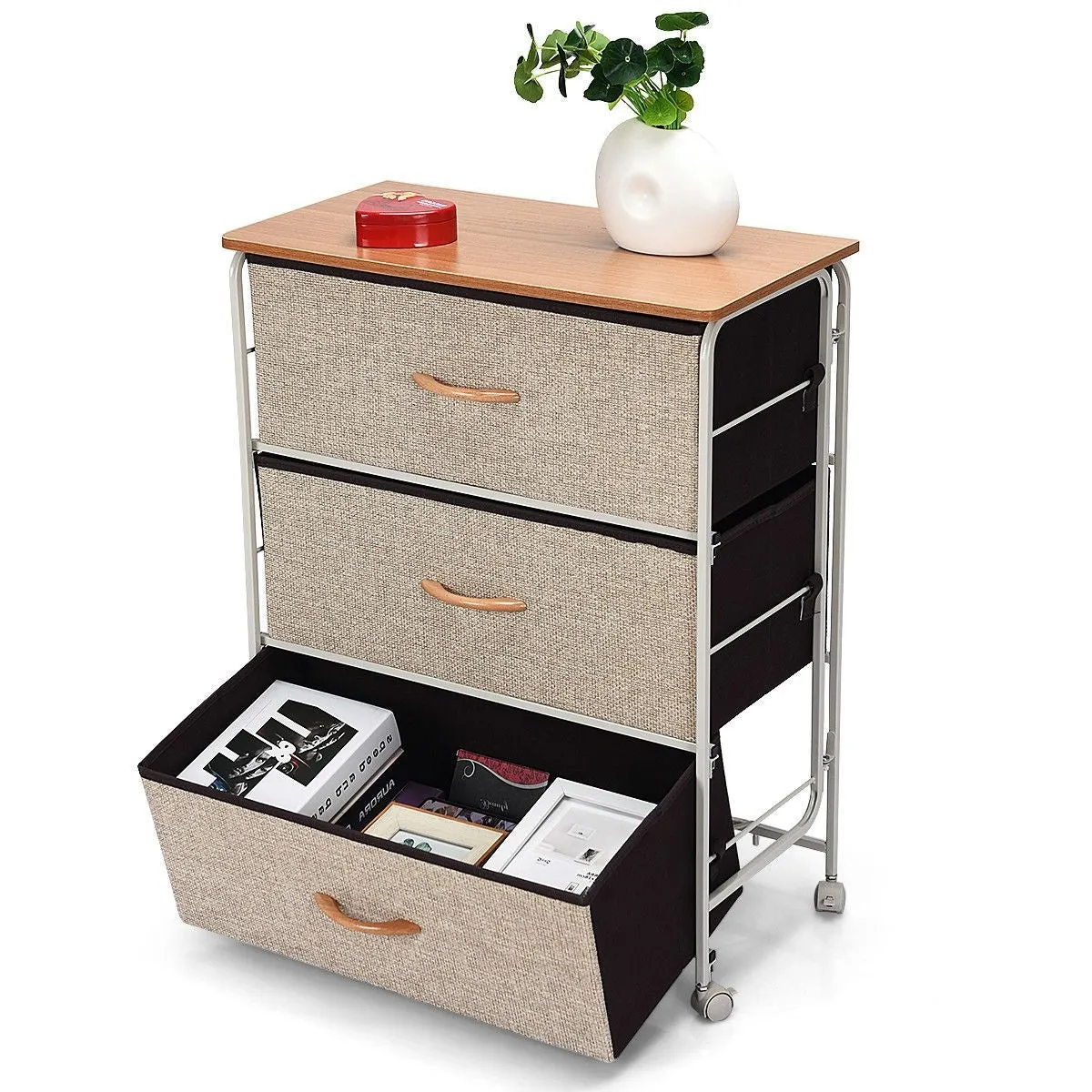 3-Tier Wood Top Dresser with 3 Linen Beige Fabric Drawers on wheels