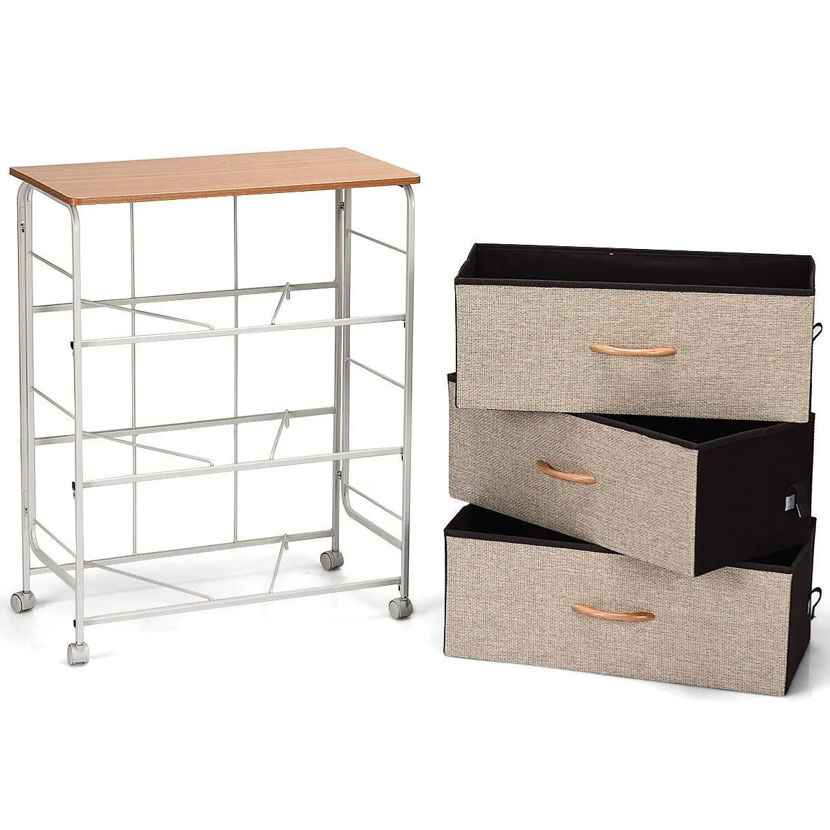 3-Tier Wood Top Dresser with 3 Linen Beige Fabric Drawers on wheels