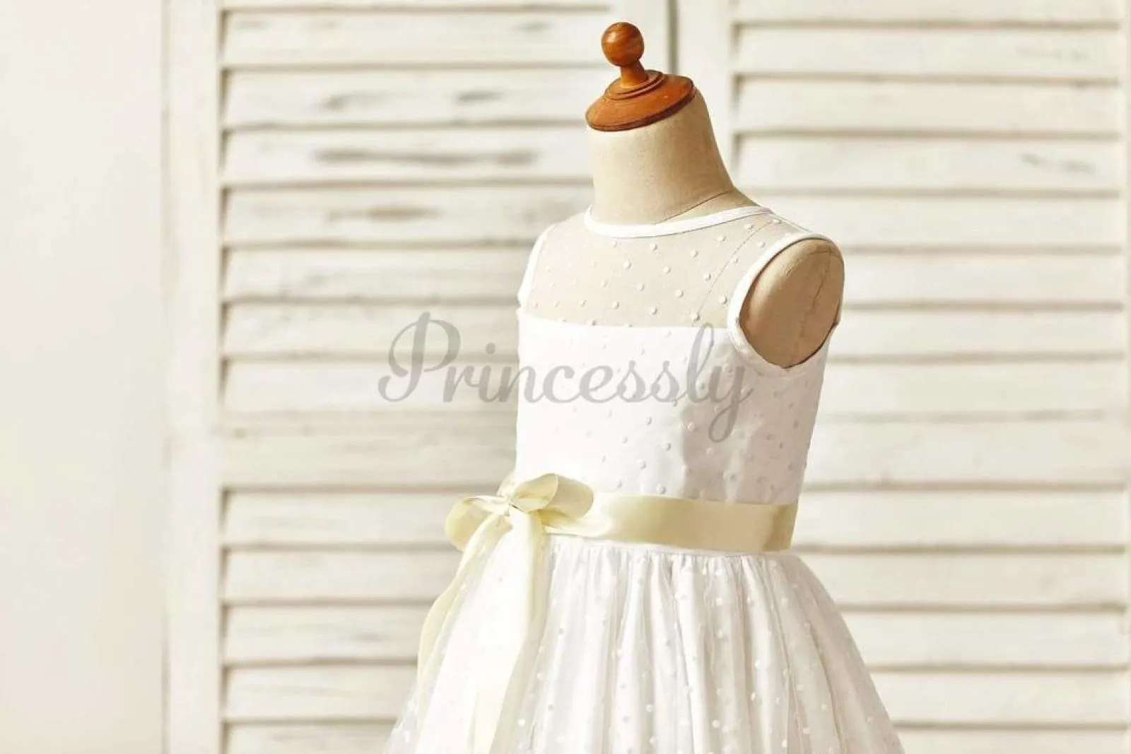 $69 SALE: Sheer Neck Polka Dot Tulle Flower Girl Dress with Champagne Sash