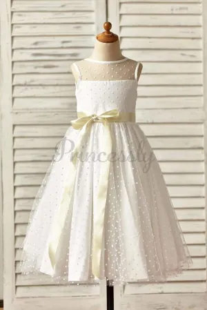 $69 SALE: Sheer Neck Polka Dot Tulle Flower Girl Dress with Champagne Sash