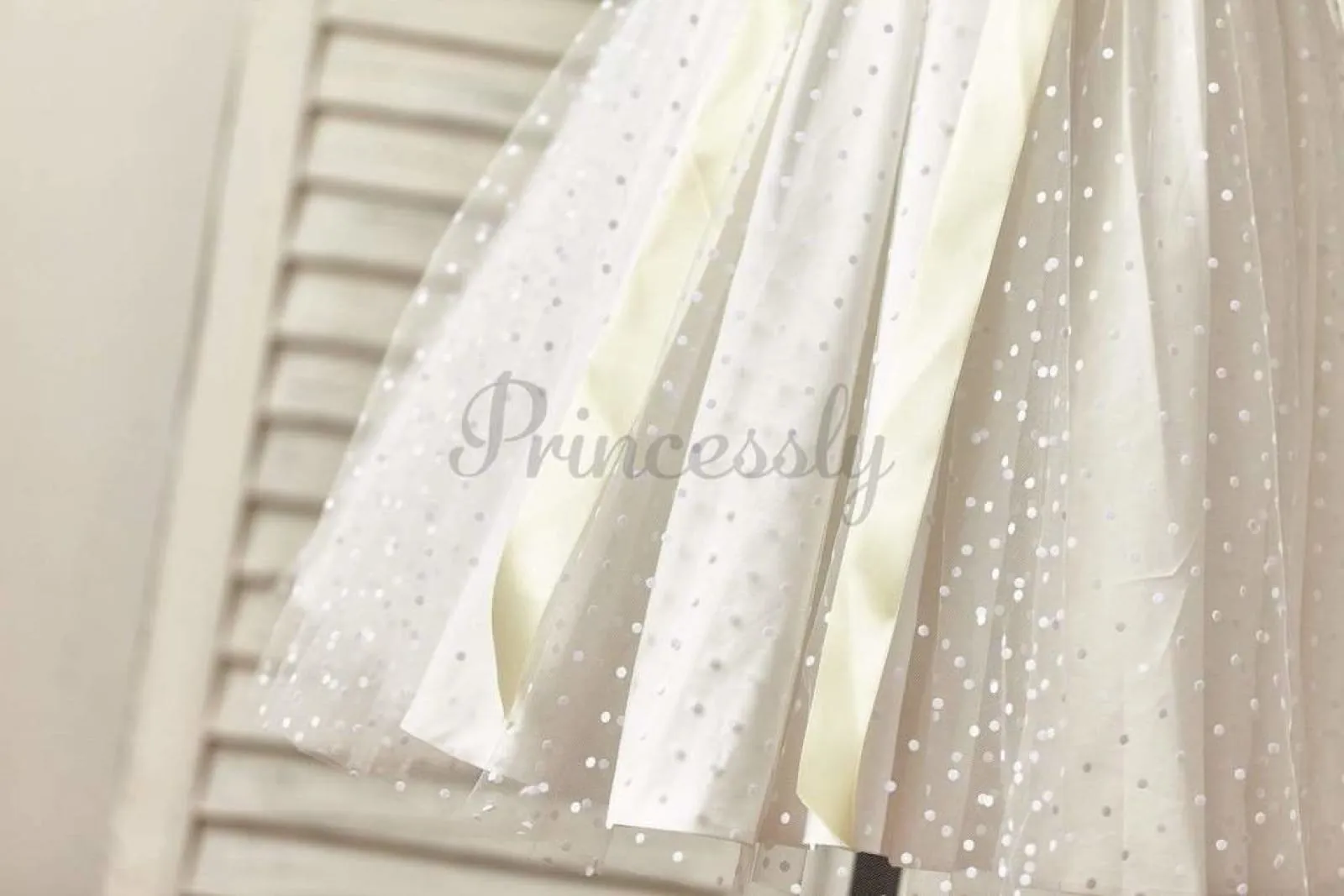 $69 SALE: Sheer Neck Polka Dot Tulle Flower Girl Dress with Champagne Sash