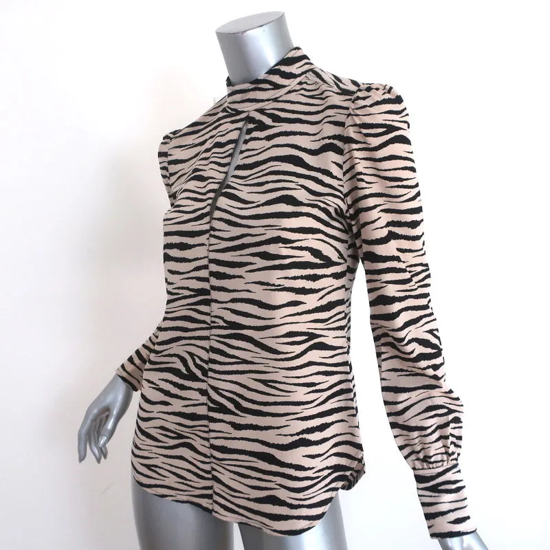 A.L.C. Long Sleeve Top Marina Beige/Black Zebra Print Stretch Silk Crepe Size 2
