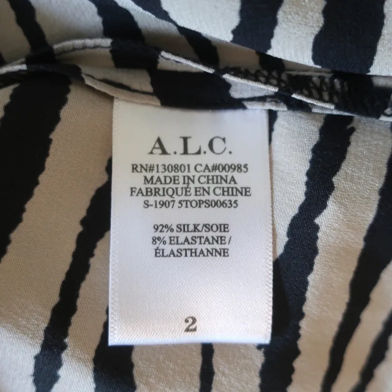 A.L.C. Long Sleeve Top Marina Beige/Black Zebra Print Stretch Silk Crepe Size 2