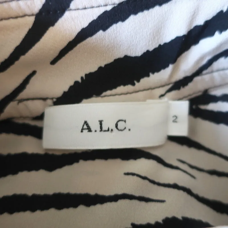A.L.C. Long Sleeve Top Marina Beige/Black Zebra Print Stretch Silk Crepe Size 2