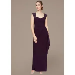 Alex Evenings Embellished Shoulder Long Dress with Tulip Skirt Plum 18