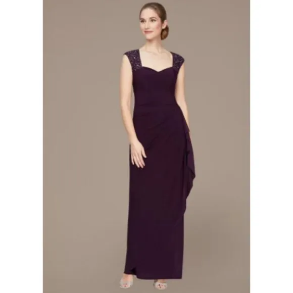 Alex Evenings Embellished Shoulder Long Dress with Tulip Skirt Plum 18