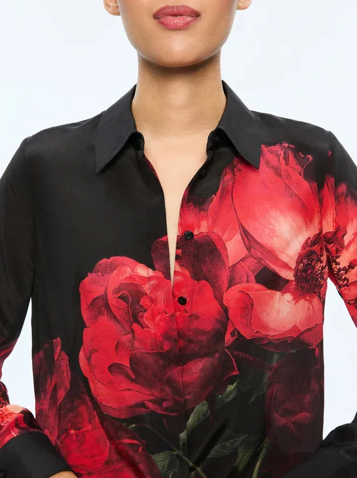 Alice   Olivia Brady Slim Button Down Peony Petals Bright Ruby