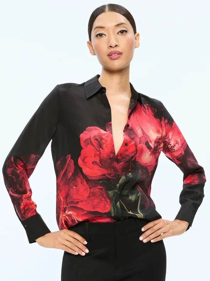 Alice   Olivia Brady Slim Button Down Peony Petals Bright Ruby