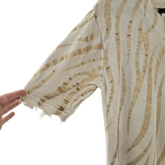 Amoli Sweater Small S/M Cream Gold Printed Knit V Neck Frayed Hem Shirt Top