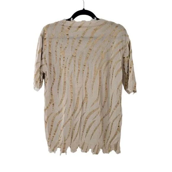 Amoli Sweater Small S/M Cream Gold Printed Knit V Neck Frayed Hem Shirt Top