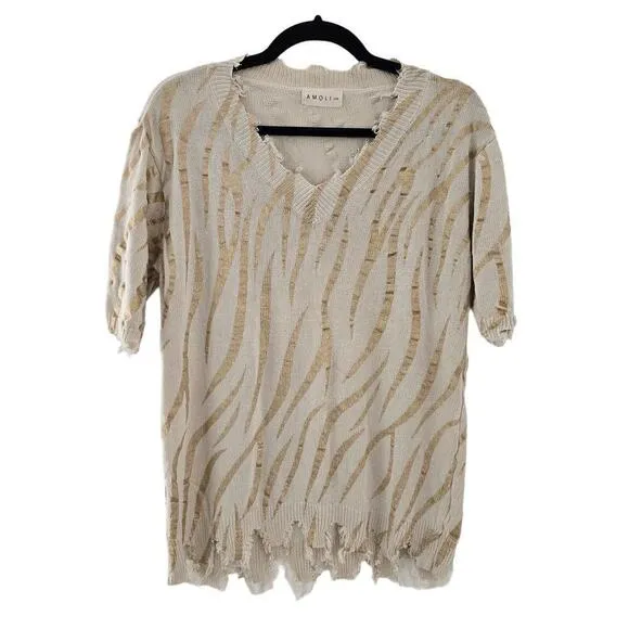 Amoli Sweater Small S/M Cream Gold Printed Knit V Neck Frayed Hem Shirt Top