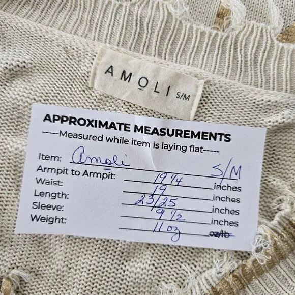 Amoli Sweater Small S/M Cream Gold Printed Knit V Neck Frayed Hem Shirt Top