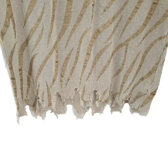 Amoli Sweater Small S/M Cream Gold Printed Knit V Neck Frayed Hem Shirt Top