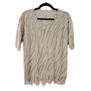 Amoli Sweater Small S/M Cream Gold Printed Knit V Neck Frayed Hem Shirt Top