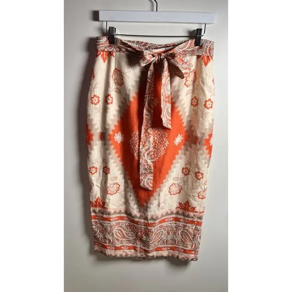 Antonio Melani Amara Linen Midi Pencil Skirt Sz 8 Paisley Floral Belted NEW