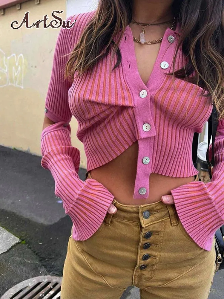 Asymmetric Button Cardigan Sweater Casual Long Sleeve Knit Sweater