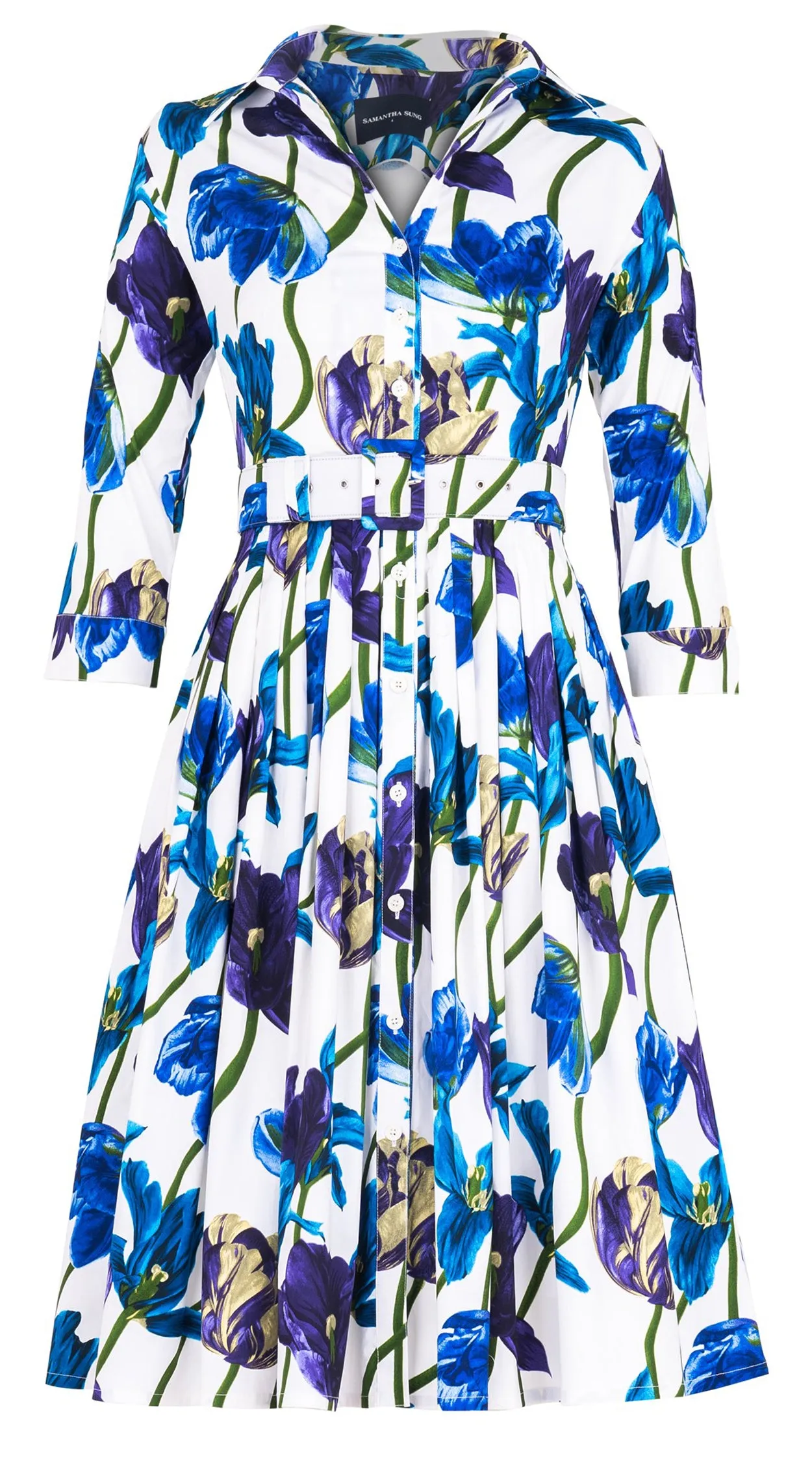 Audrey Dress #2 Shirt Collar 3/4 Sleeve Long Length Cotton Stretch (Rambrandt Tulip)