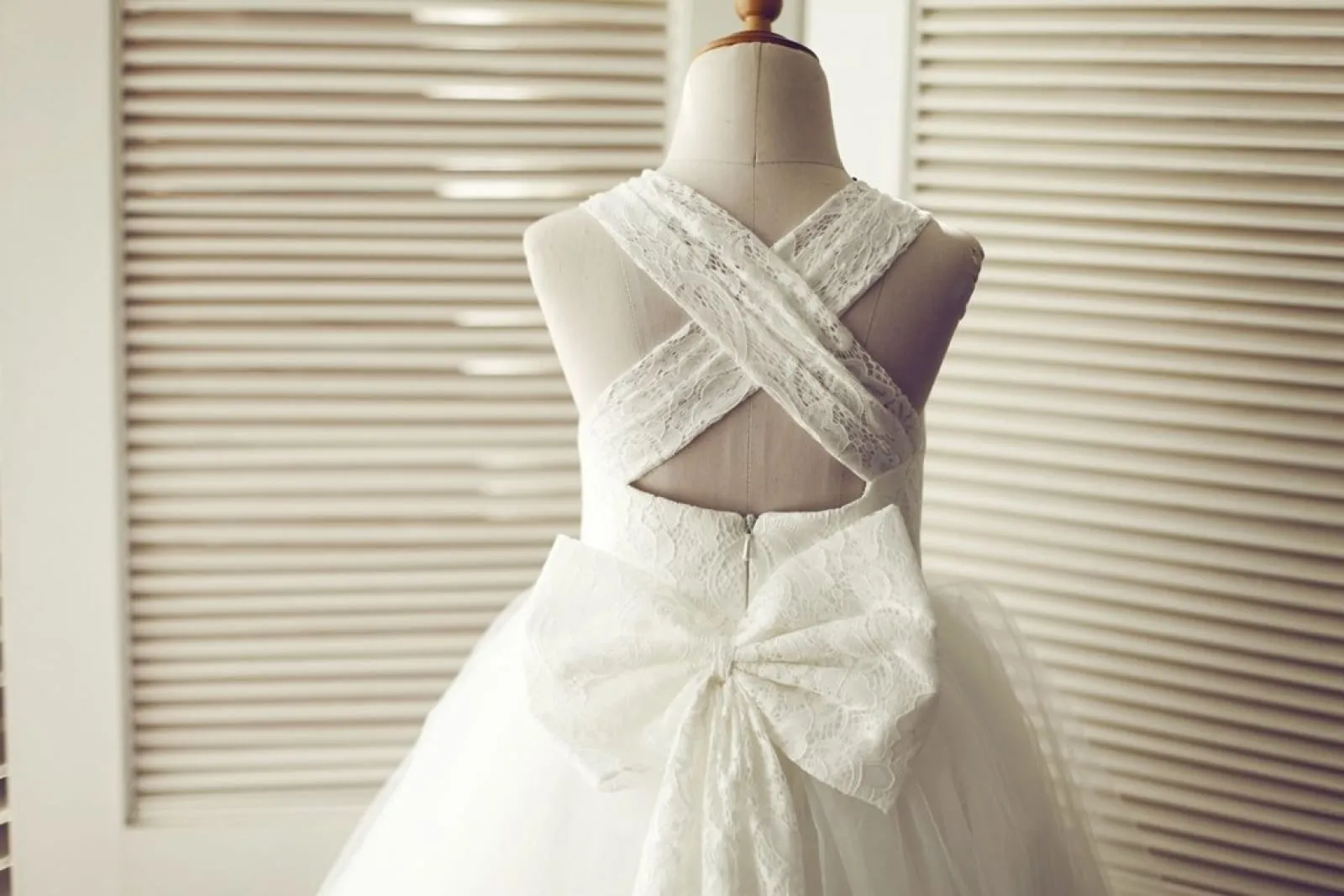 Backless Ivory Lace Tulle Wedding Flower Girl Dress, Big Bow