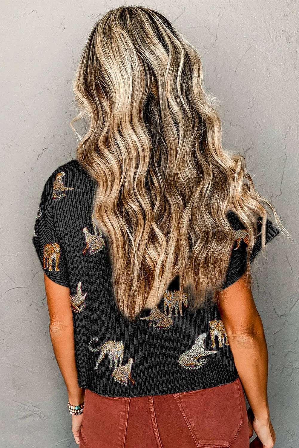 Black Cheetah Print Chest Pocket High Neck Short Sleeve Sweater