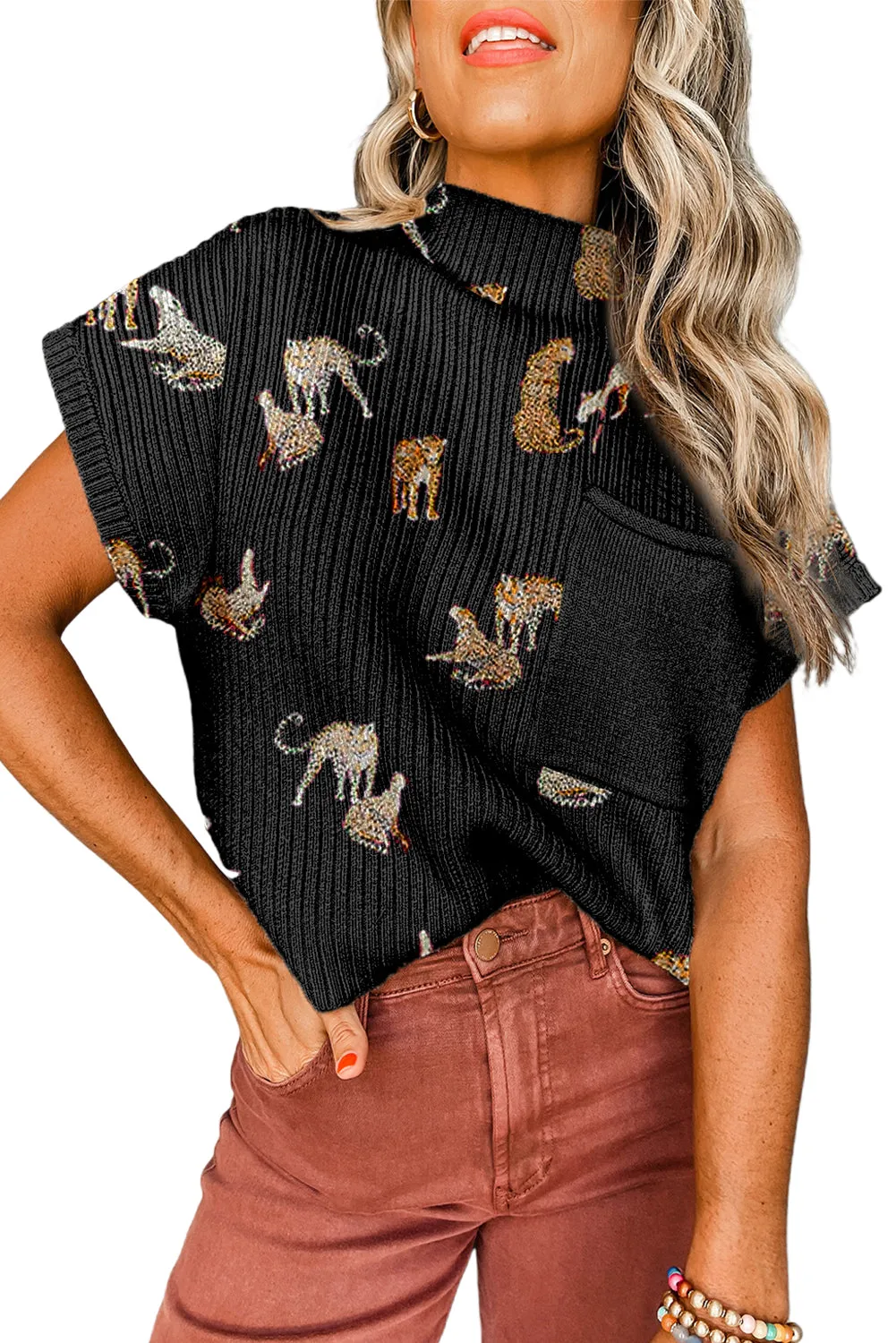Black Cheetah Print Chest Pocket High Neck Short Sleeve Sweater