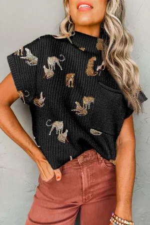 Black Cheetah Print Chest Pocket High Neck Short Sleeve Sweater