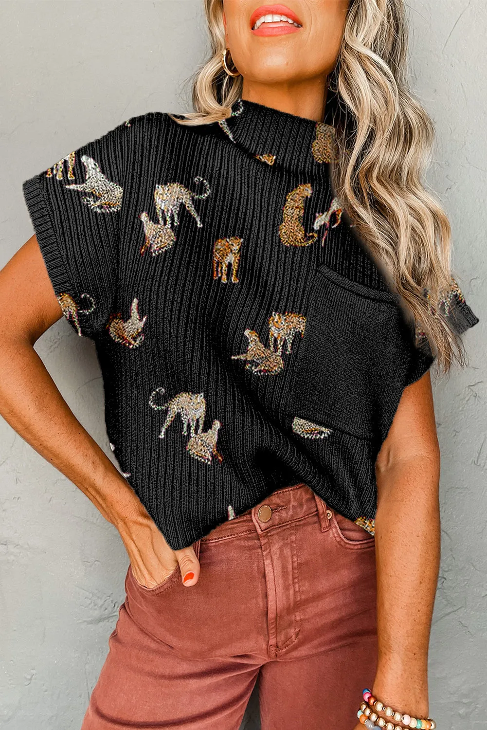 Black Cheetah Print Chest Pocket High Neck Short Sleeve Sweater