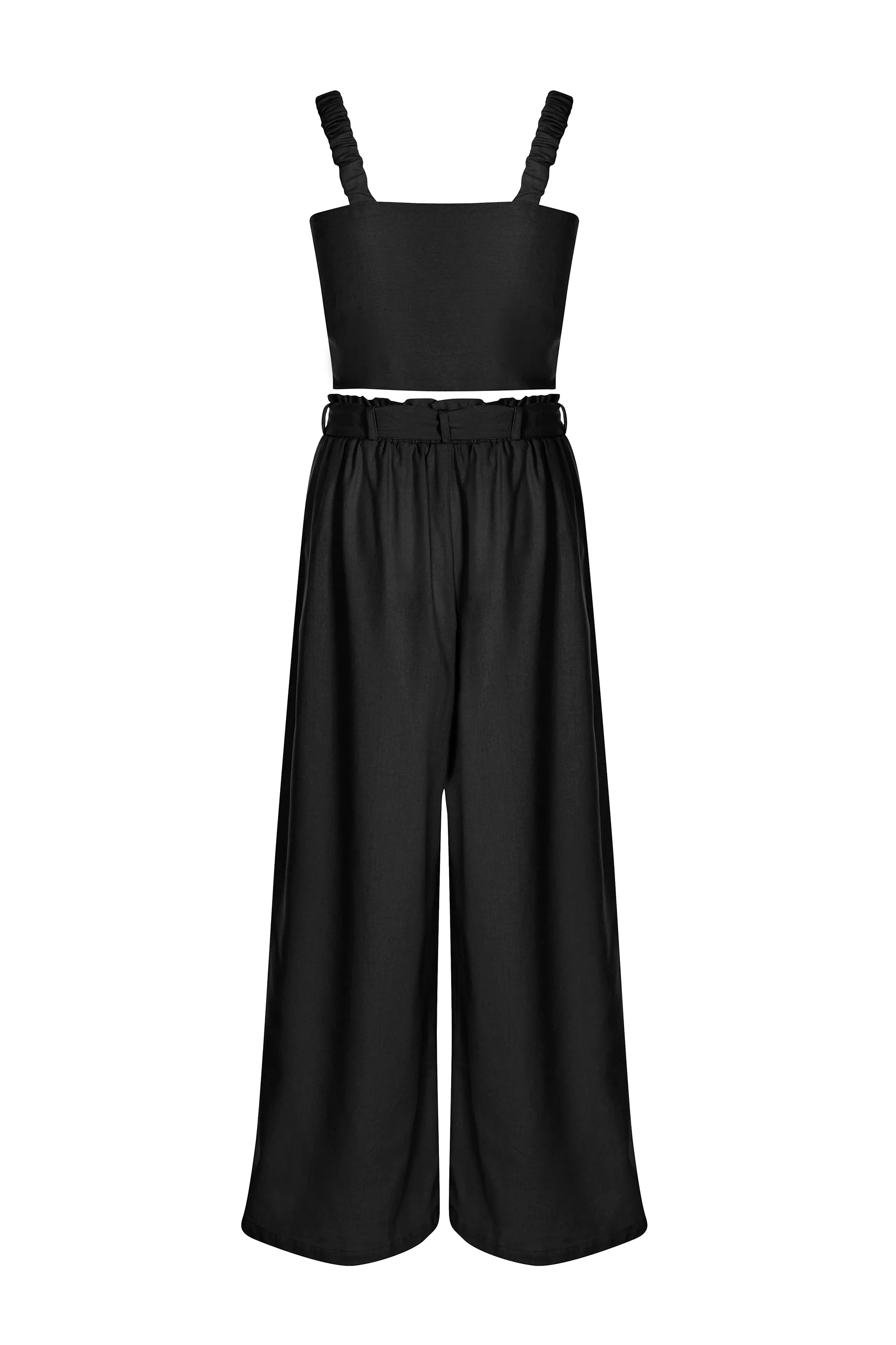 Black - Linen Ruched Sleeve Tie Top