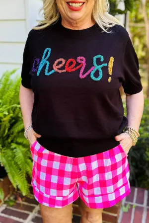 Black Plus Size Cheers Glitter Script Short Sleeve Sweater