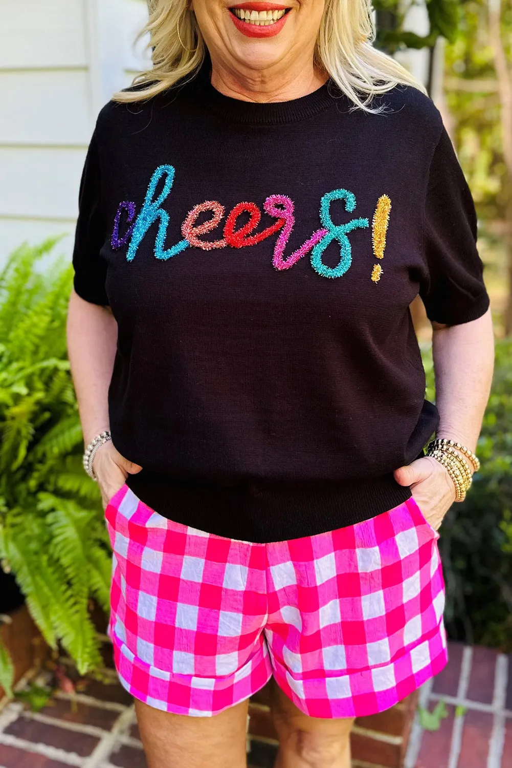 Black Plus Size Cheers Glitter Script Short Sleeve Sweater