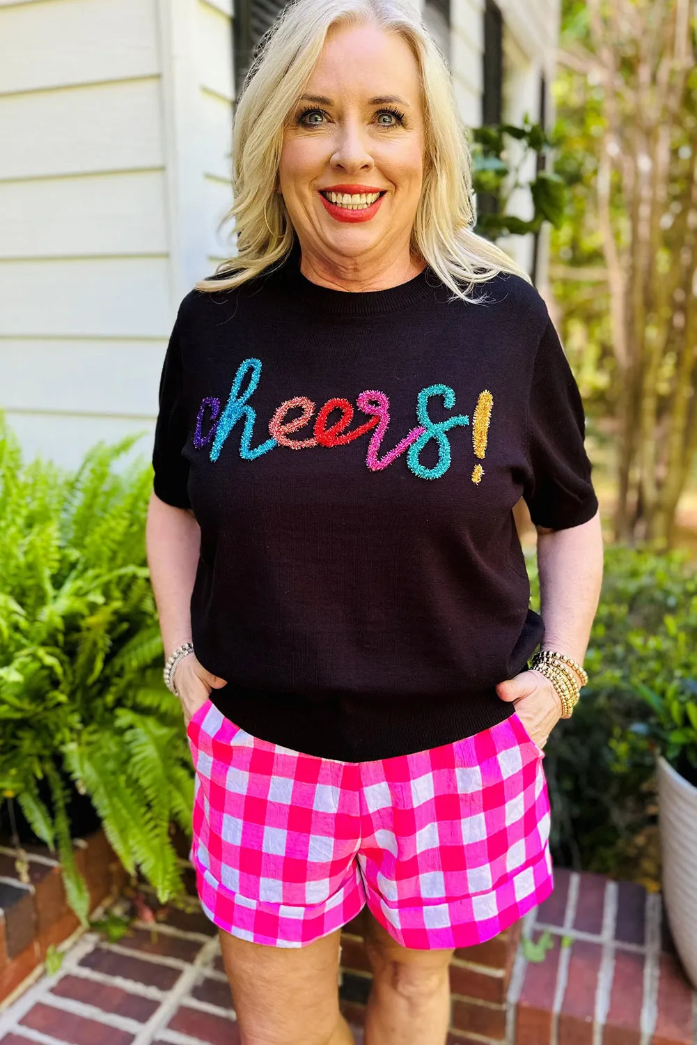 Black Plus Size Cheers Glitter Script Short Sleeve Sweater