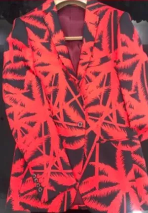 Black With Crimson Red Palm Floral Print Pant