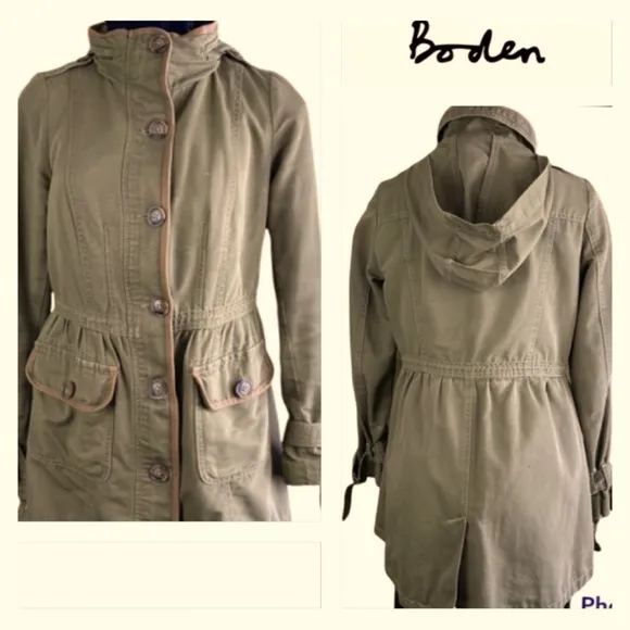 Boden Utility Cargo Hooded Jacket Parka Zip Closure In Olive Green  Size 6