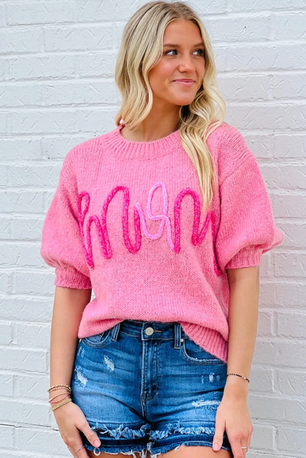 Bonbon Mom Corded Graphic Short Sleeve Sweater