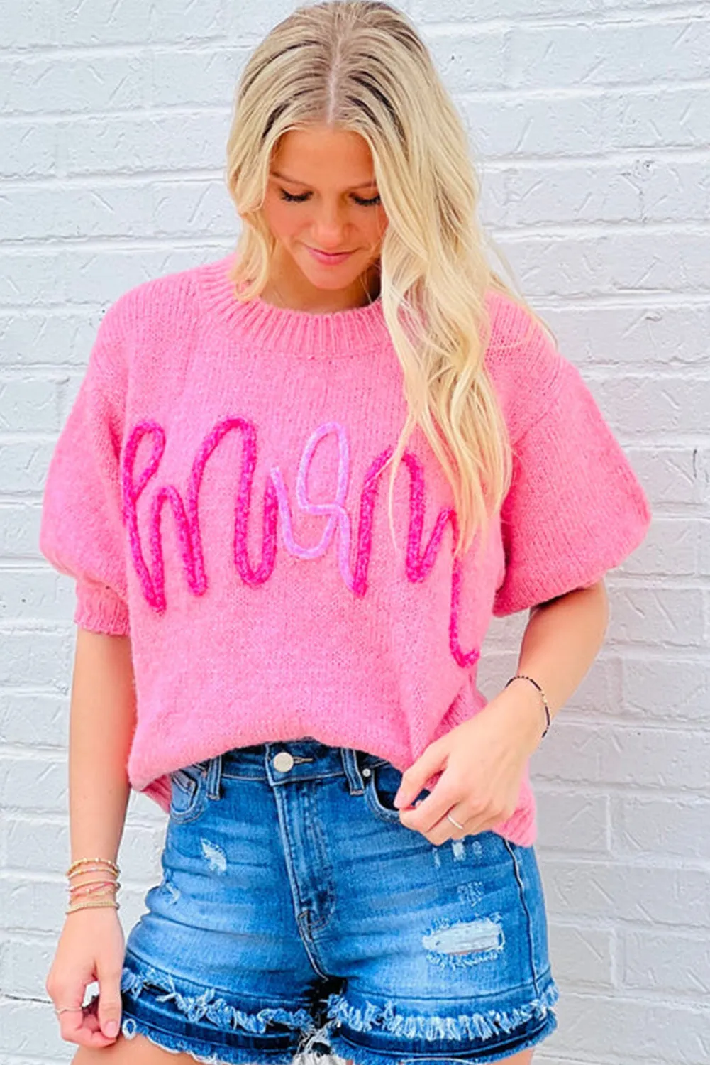 Bonbon Mom Corded Graphic Short Sleeve Sweater