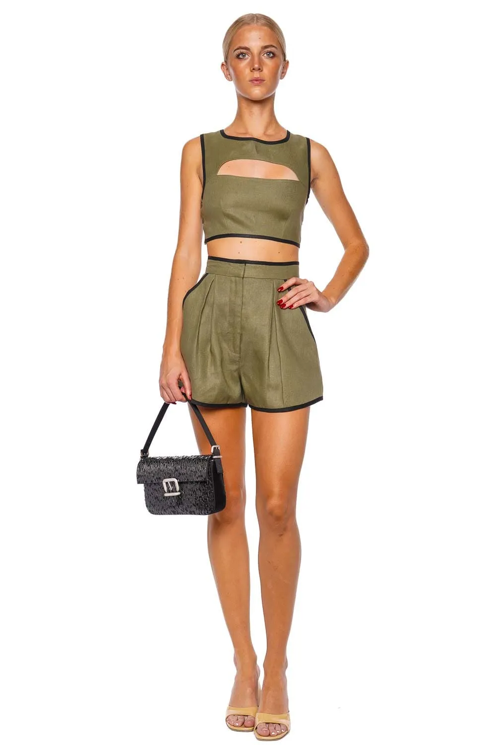 Bound Cutout Army Linen Crop Top