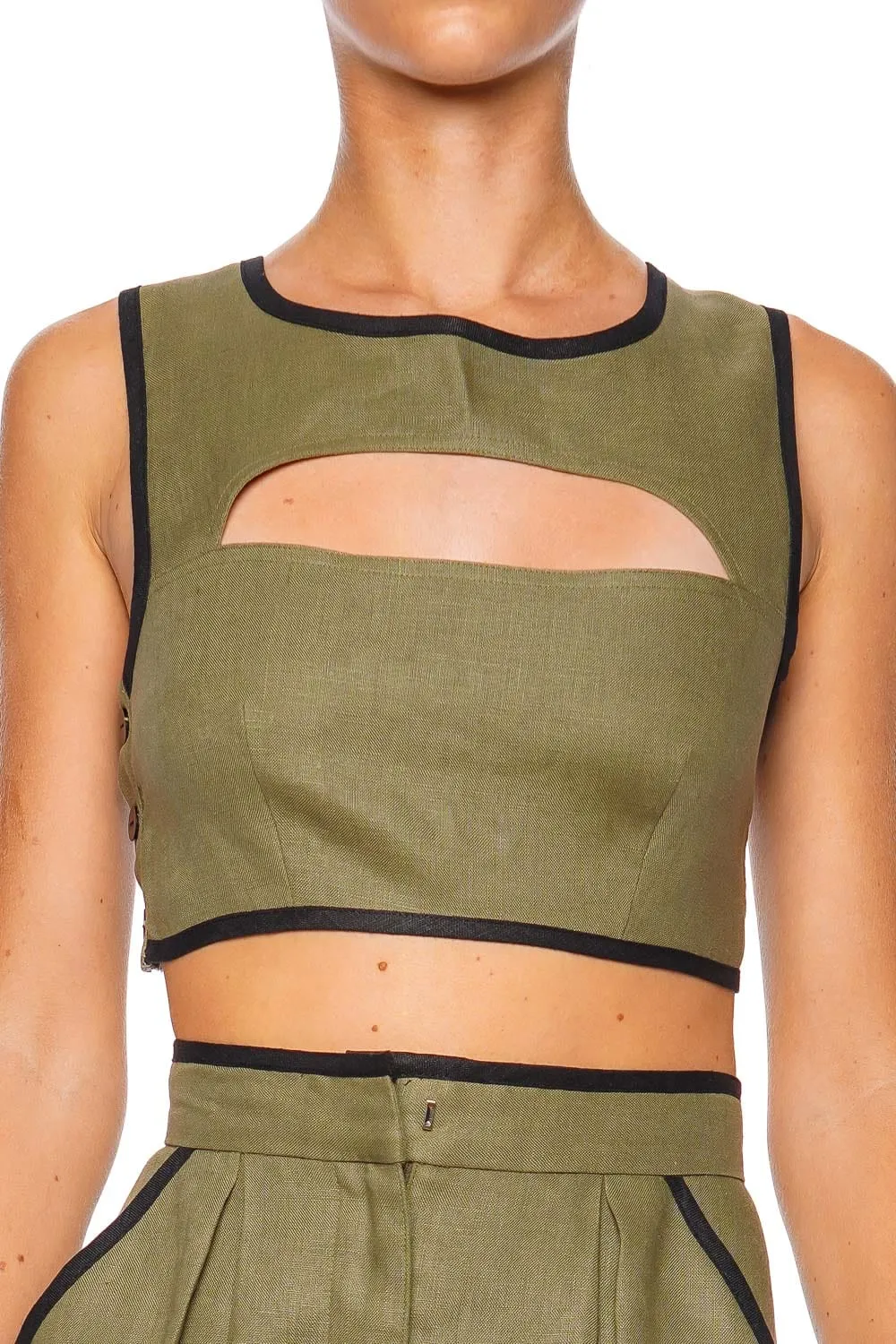 Bound Cutout Army Linen Crop Top